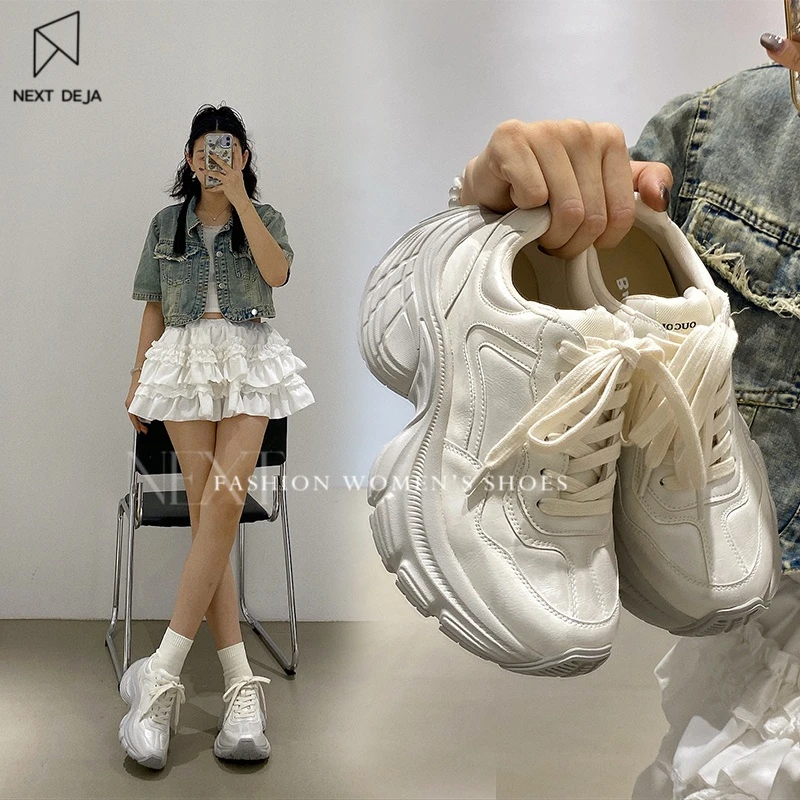 真皮休闲运动巴黎大头厚底小个子增高欧洲站松糕白色德训老爹鞋女