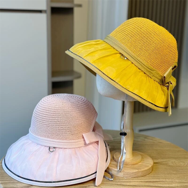 防晒渔夫帽女夏季显脸小户外出游遮阳帽黑胶防紫外线高马尾大檐帽