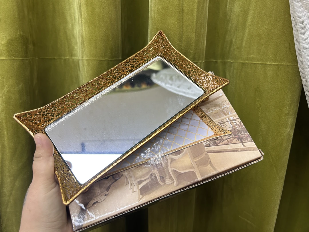 费灵家居印度进口欧式复古黄铜雕花奢华桌面镜面托盘化妆品收纳盘