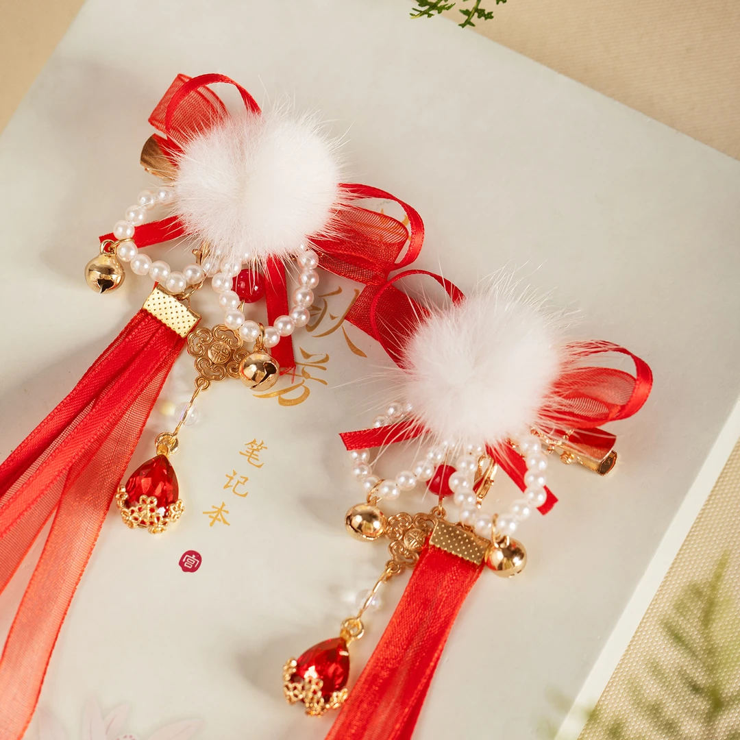 古风新年红色毛球头饰长飘带流苏发夹冬季中国风汉服配饰