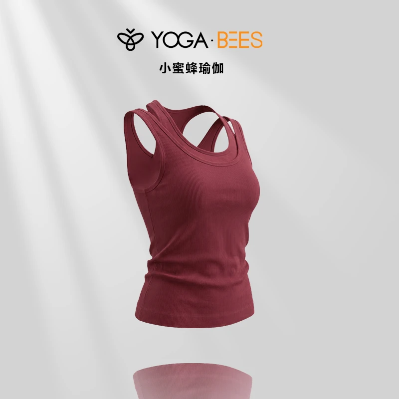 Yogabees小蜜蜂瑜伽无缝假两件固定杯背心速干透气健身美背XH146