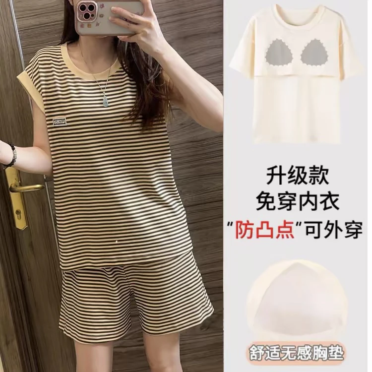 夏季带胸垫条纹女短袖短裤休闲可外穿防凸点家居服夏天睡衣套装