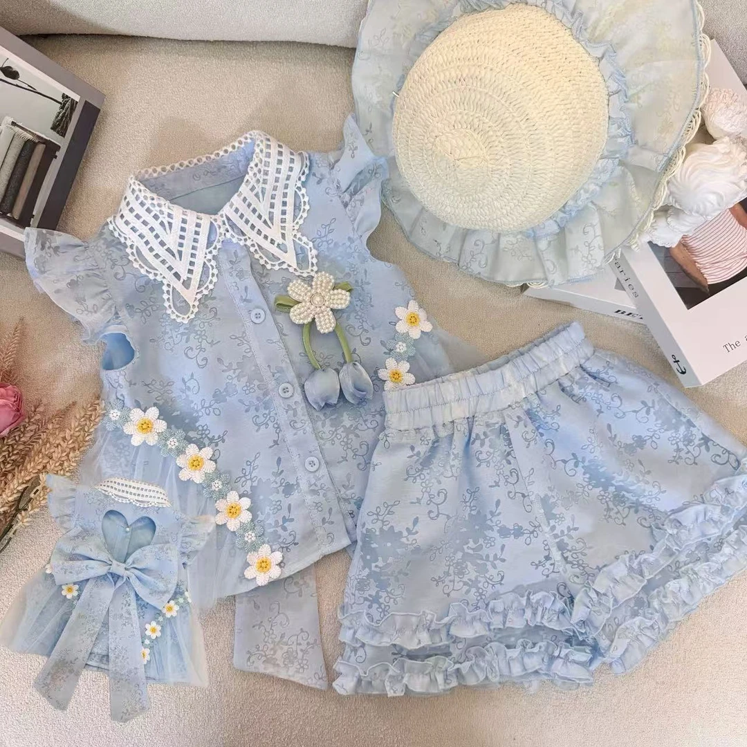 女童蕾丝翻领背心短裤套装夏季2025新款甜美蝴蝶结花朵上衣短袖潮