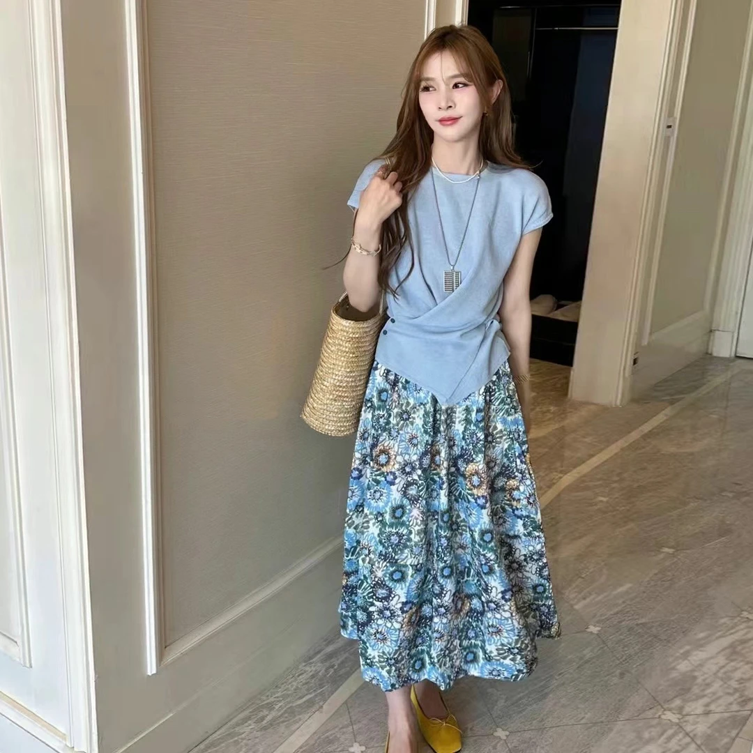 韩版不规则短袖针织上衣碎花半身裙两件套2025夏季新款女套装757