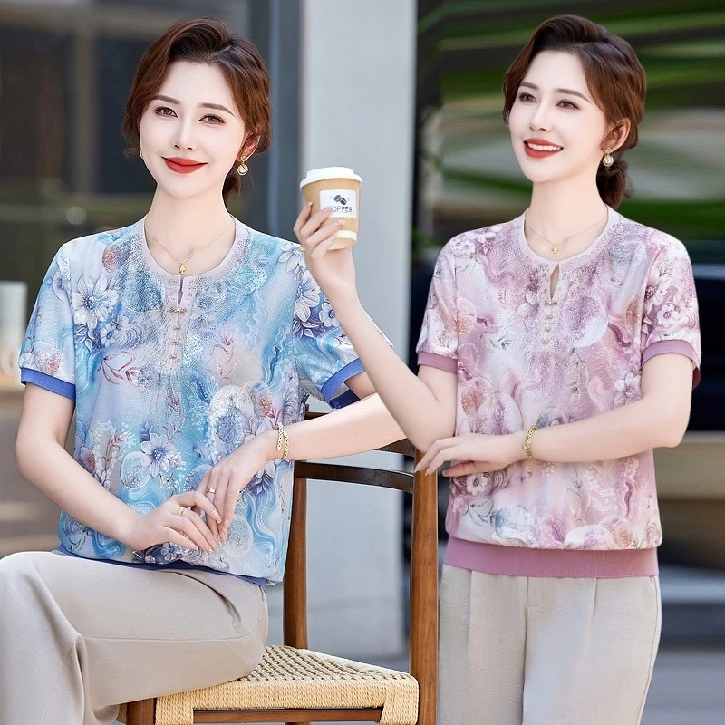 2025年妈妈夏装宽松短袖T恤中老年女新款印花时尚小衫母亲节上衣