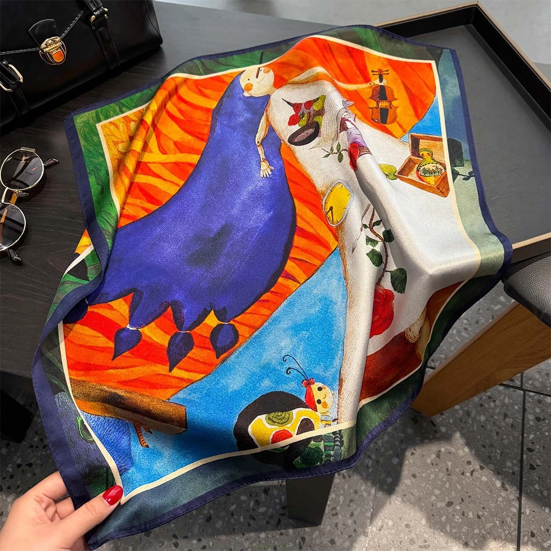 洋气时尚桑蚕丝丝巾小方巾女士薄款卡通娃娃真丝围巾韩版领巾百搭