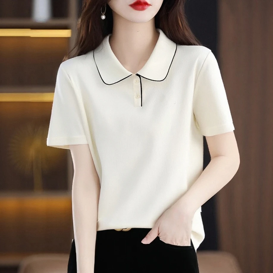 2025夏季新款短袖设计感纽扣POLO衫大码纯色休闲显瘦气质百搭洋气
