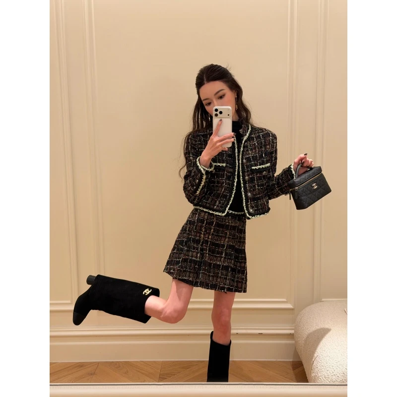 2025新款小香风彩格粗花呢套装女短款外套+高腰百褶半身裙两件套