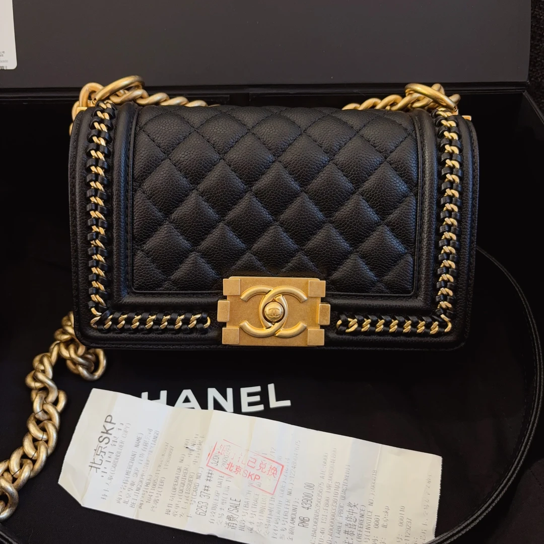 99新 Chanel/香奈儿 21B芯片黑金荔枝皮leboy滚边穿皮链小号