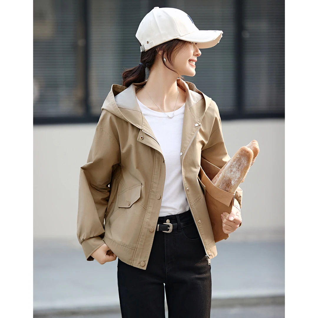 沫晗依美2025秋季时尚后抽褶造型连帽设计感廓形休闲外套女装6476