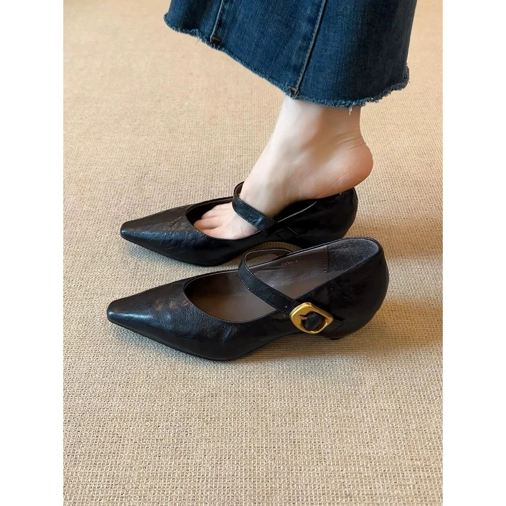 牛皮版~高级感法式尖头一字带坡跟鞋复古高跟鞋单鞋皮鞋百搭女鞋