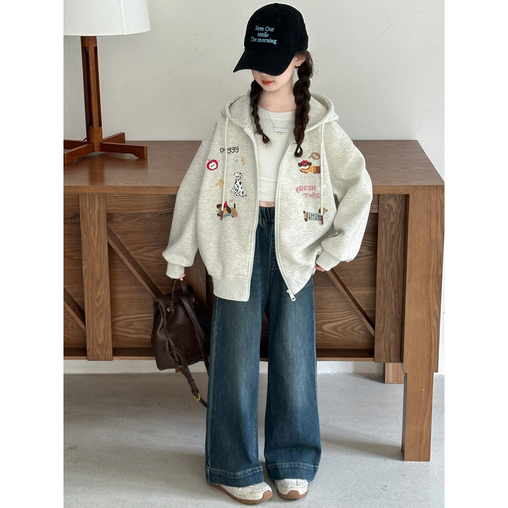 秋季中大女童休闲外套童装儿童女孩绣花帽衫拉链衫洋气上衣连帽潮