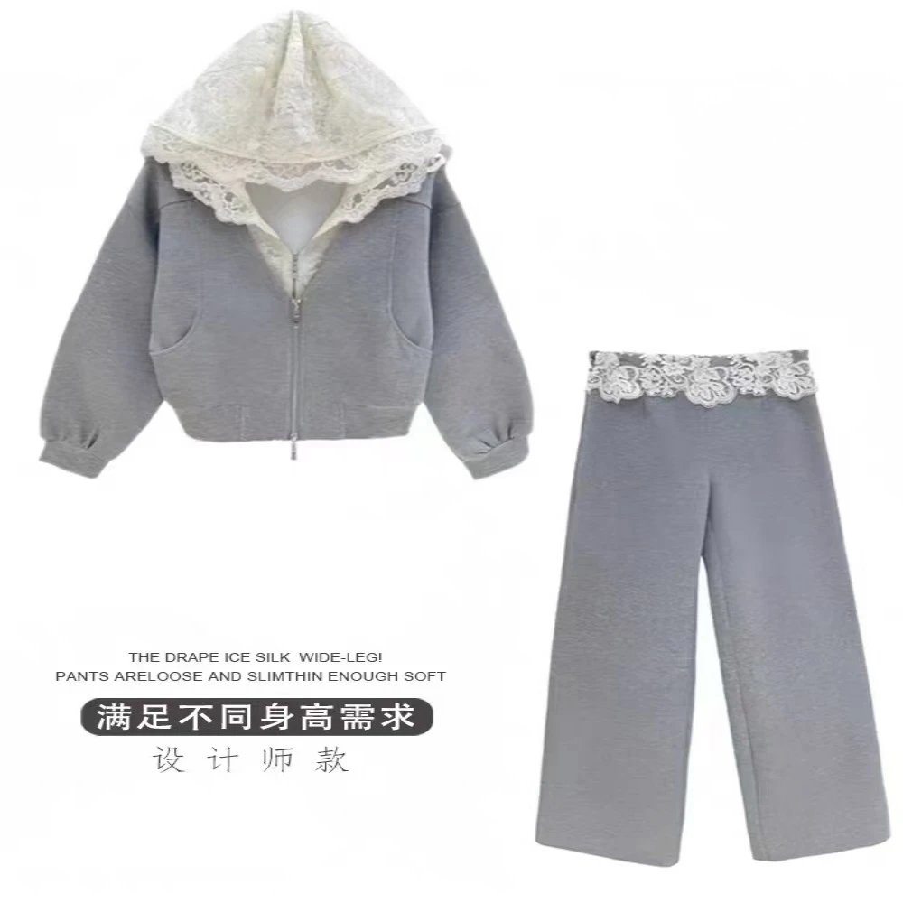 2025春季新款蕾丝拼接卫衣外套+裤子休闲设计师套装百搭连帽时尚