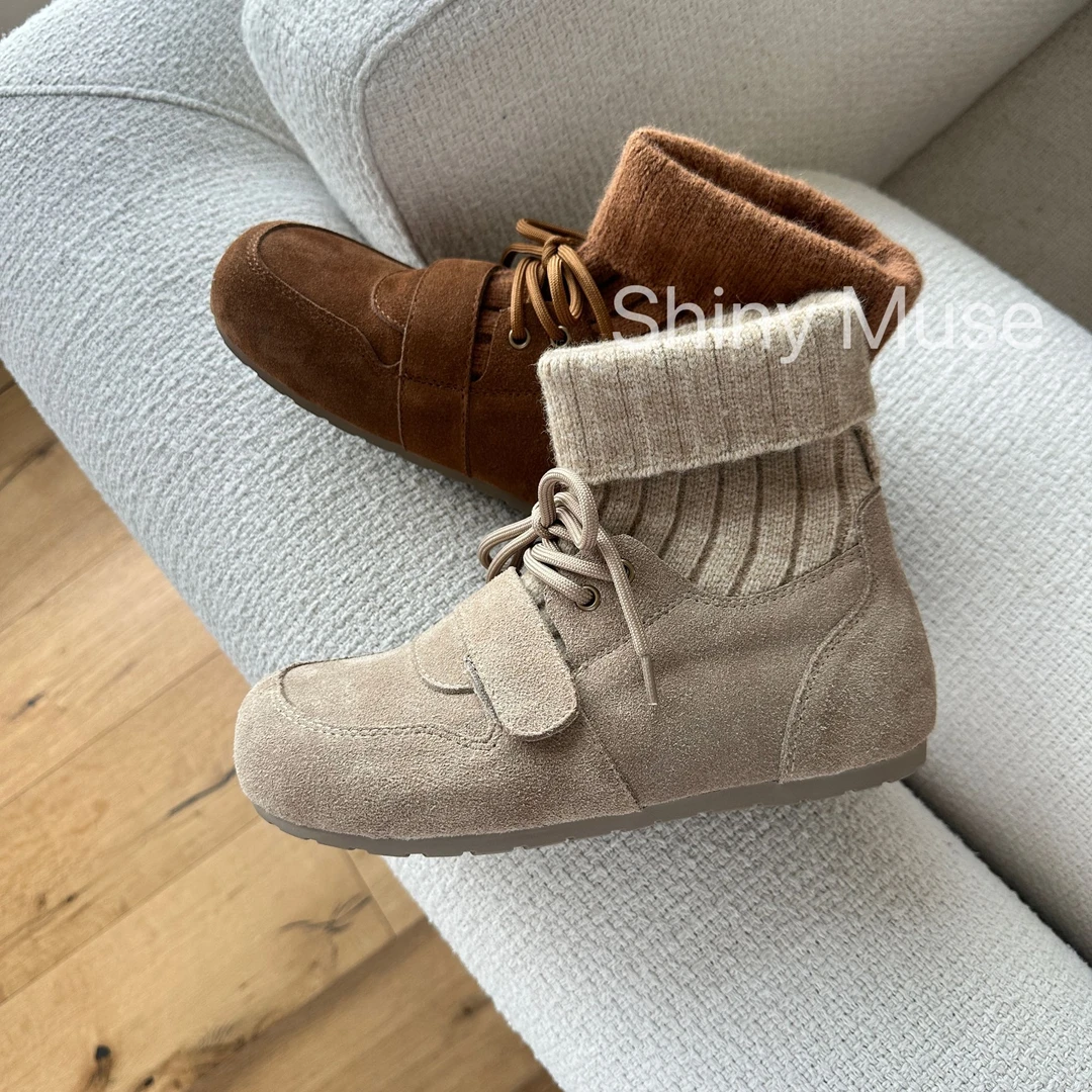 Shiny Muse缪斯定制高端线真皮舒适内增高百搭时尚毛线翻折短靴