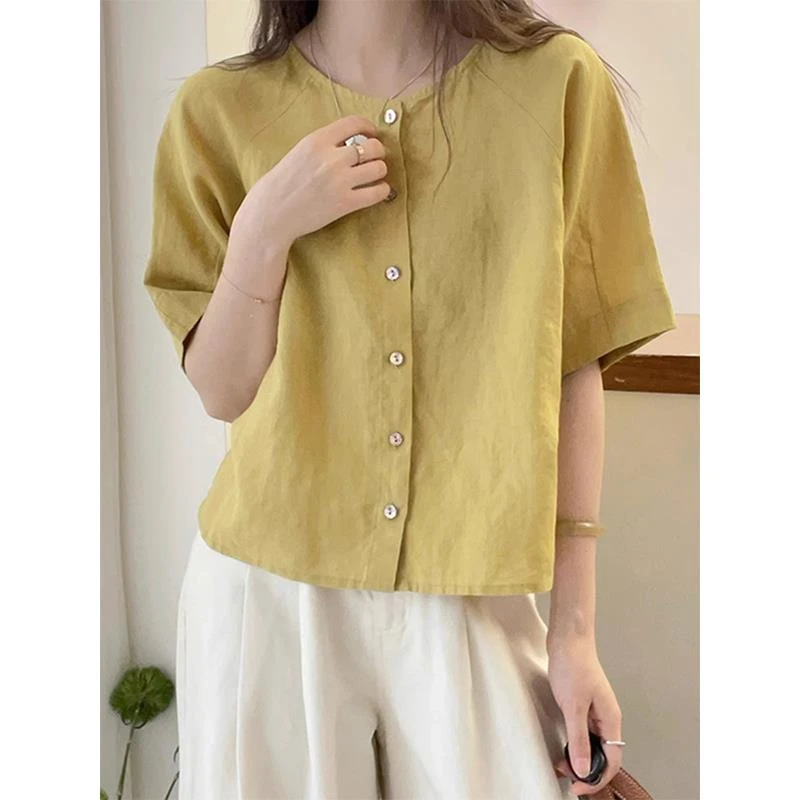 法式宽松显瘦单排扣衬衫纯色简约小众设计感上衣夏季新款气质t恤