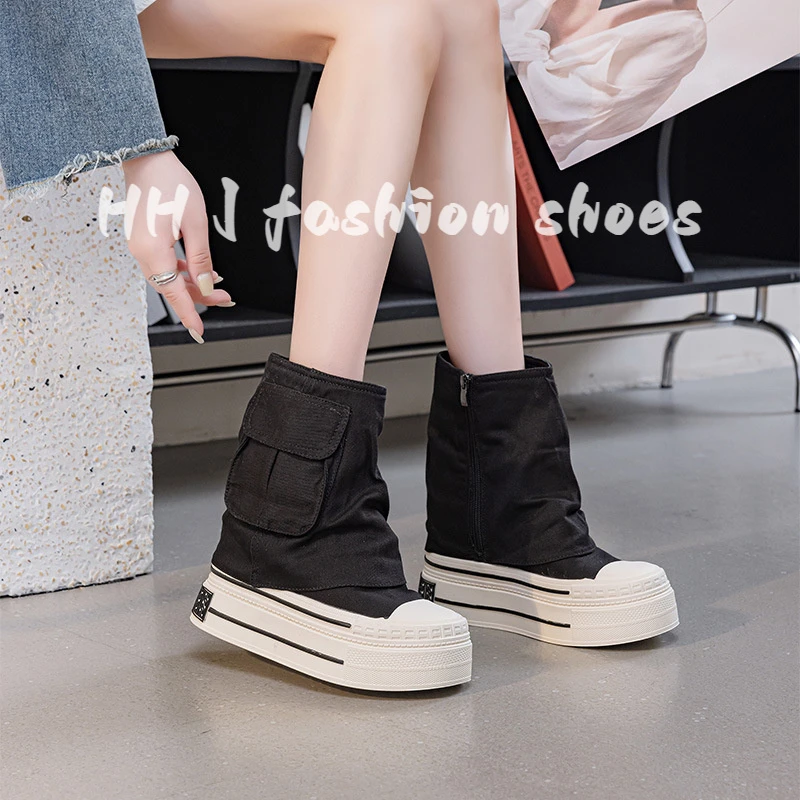小众设计感工装靴2025年春秋新款帆布靴双层设计内增高超高跟12cm