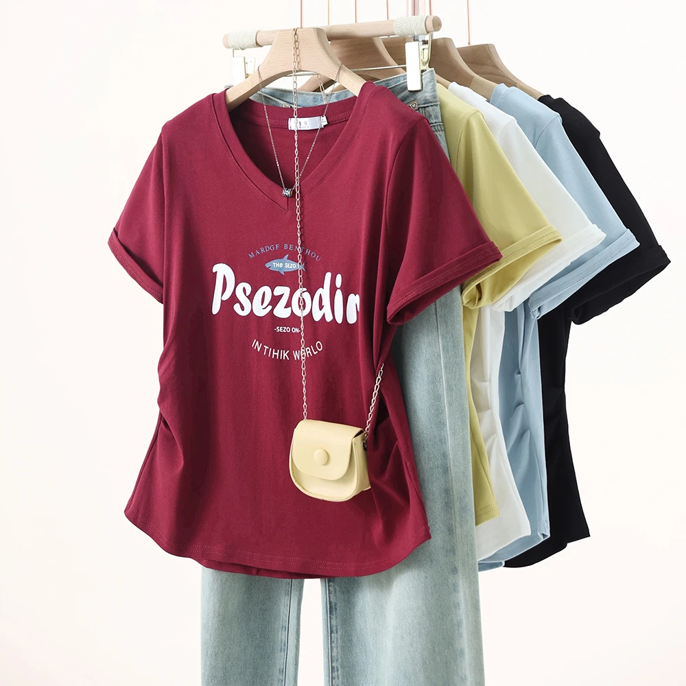 2025夏装新款胖mm大码女时尚V领印花纯色宽松休闲减龄短袖T恤