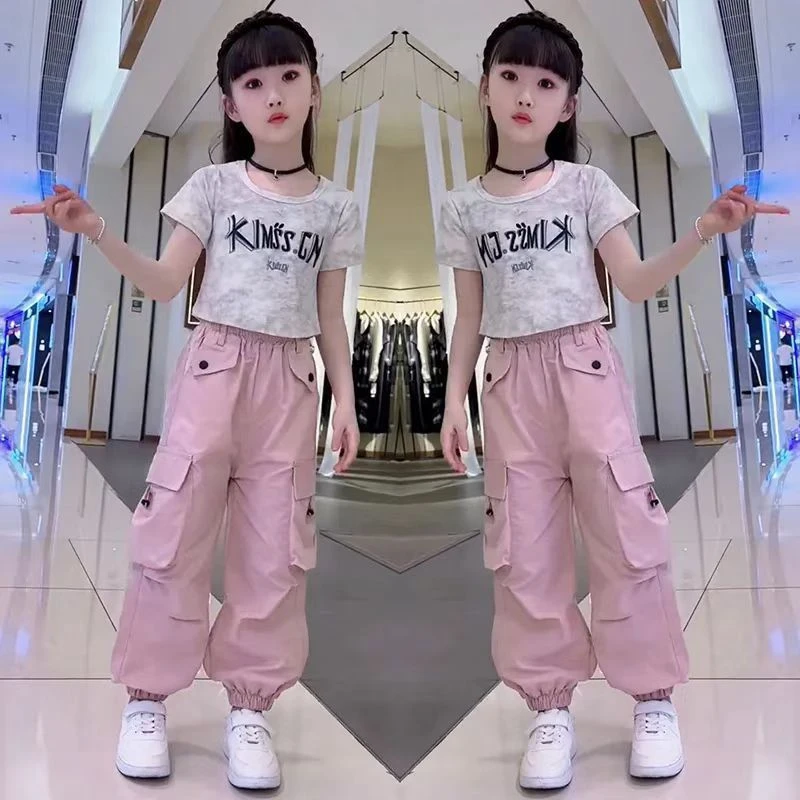 2025女童夏季工装裤子新款套装儿童洋气中大童街舞短袖T恤两件套