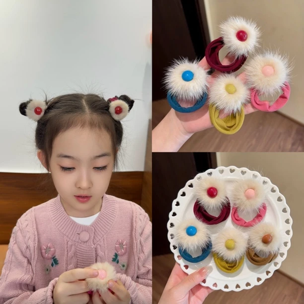 儿童秋冬新款毛绒发圈彩球毛巾圈女童扎发头绳高弹力马尾发绳发饰