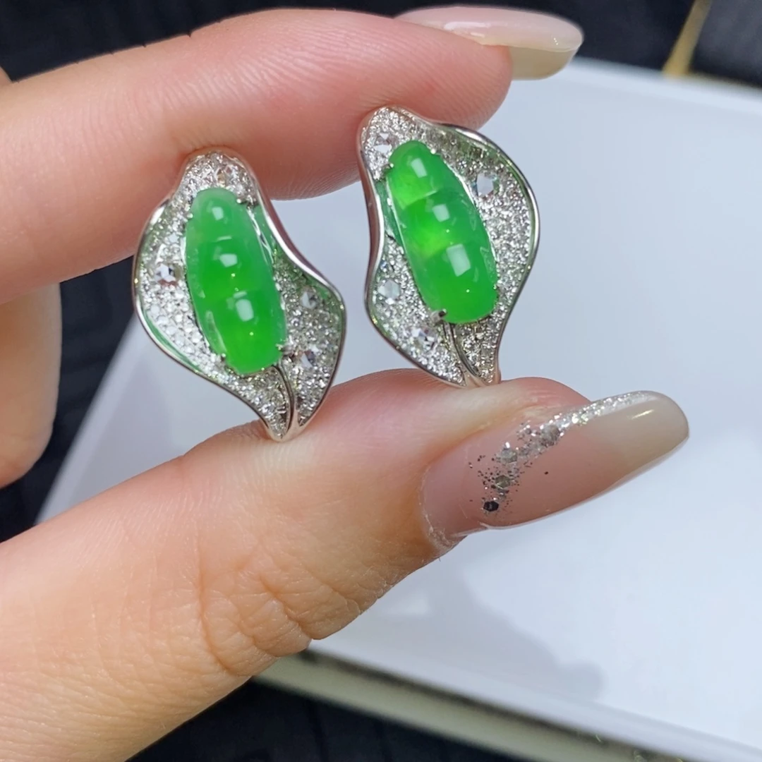 翡翠18K金镶嵌耳饰福豆