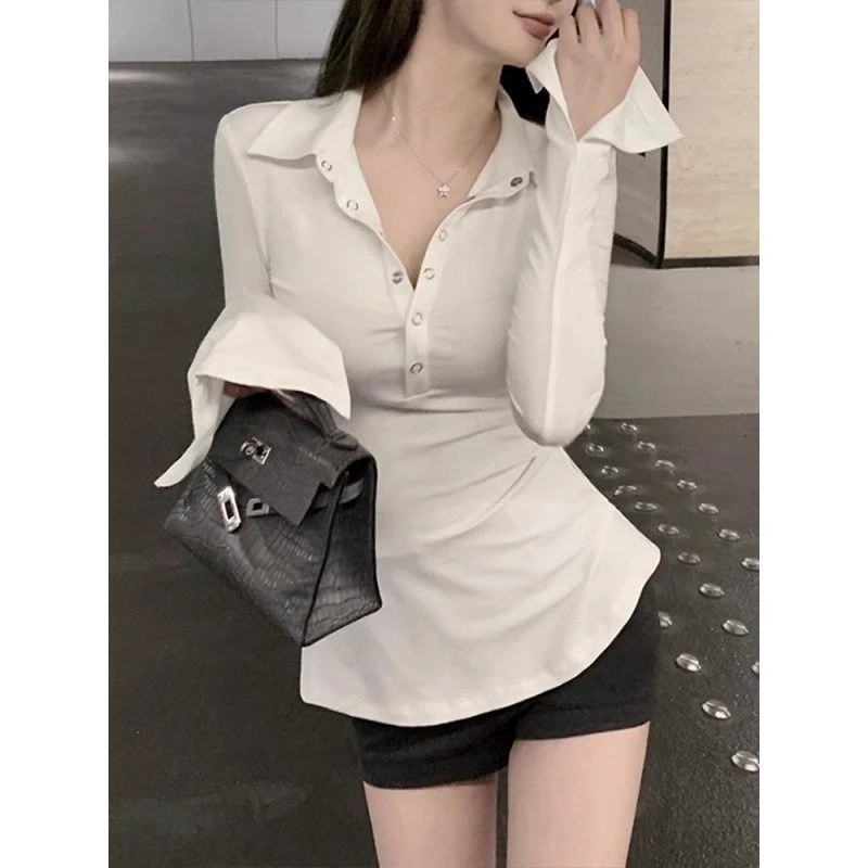 v领收紧身纽扣衫腰代发打底纯欲风上衣一件领女辣妹长袖poloT恤