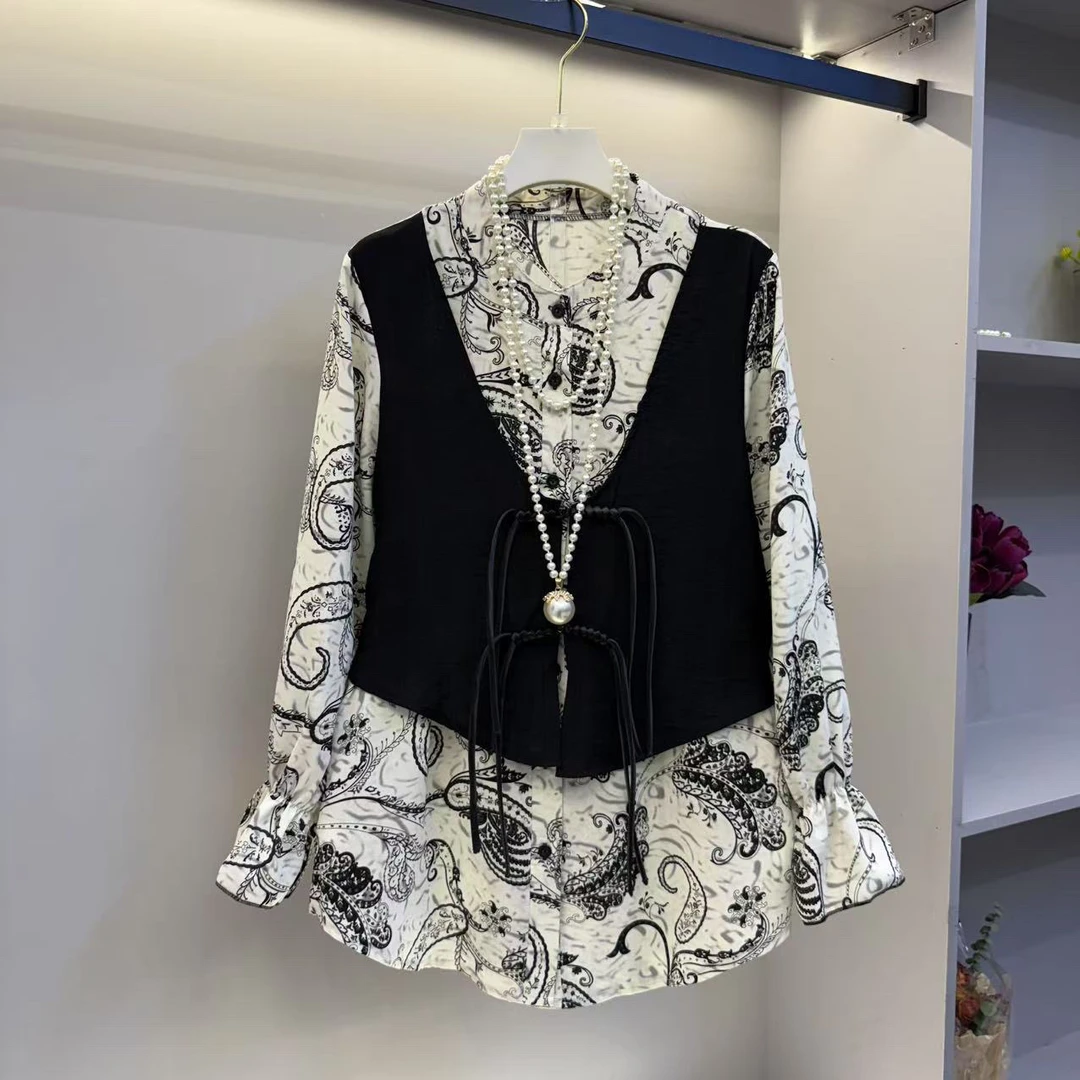 2025年早春新款遮肉显瘦气质百搭时尚遮肉显瘦假两件女人衫