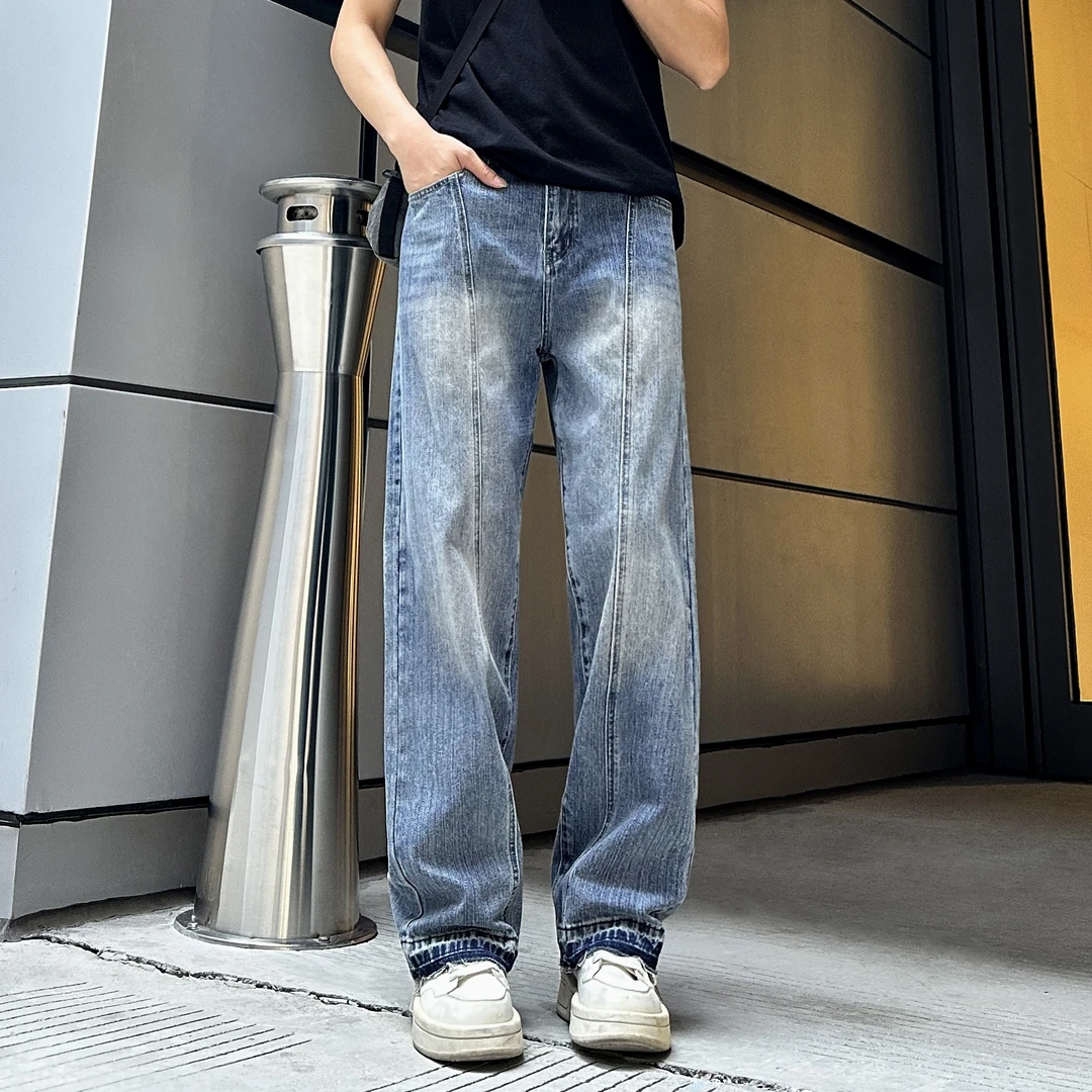 QUALCOMM斜切毛边竹节纹设计长裤男士秋季显瘦百搭宽松直筒牛仔裤