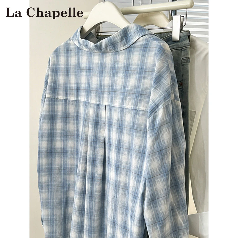 拉夏贝尔小个子蓝色格纹衬衫女款夏季2025新款宽松长袖外套上衣