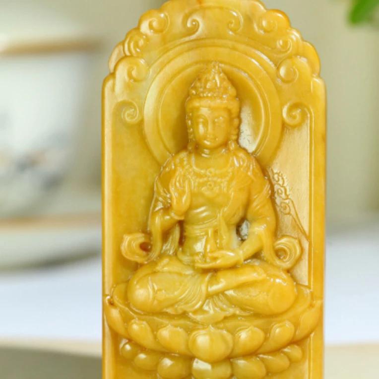 玉美人小程和田玉细腻油润雕工精湛线条柔美黄沁坐莲观音挂件