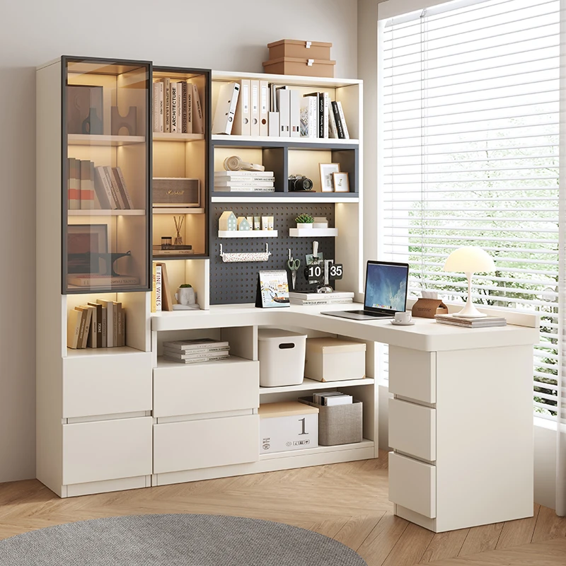 休闲风书桌轻奢台式桌实木转角写字桌书柜电脑桌家用洞洞板学习桌