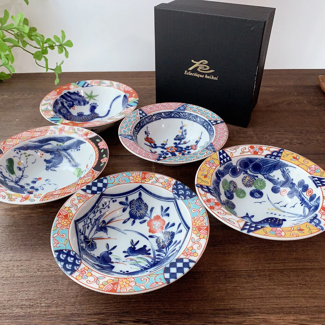 【5件套】日本进口和蓝彩绘游民小草帽盘18.3cm