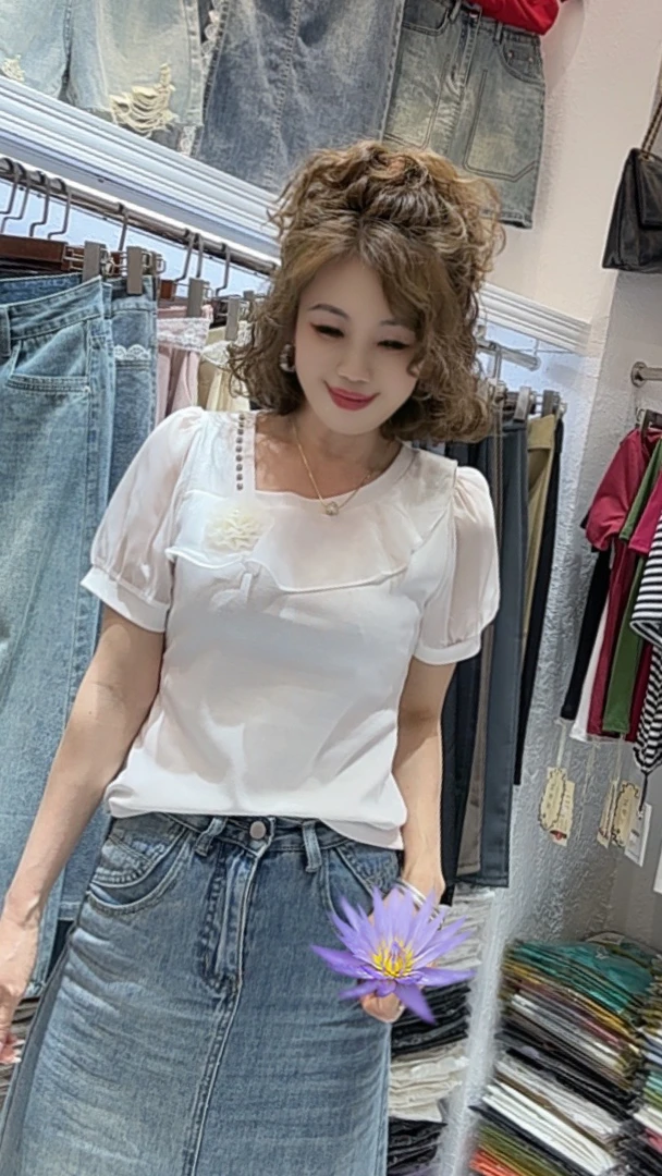夏季新款2025夏装女雪纺钉钻斜领洋气时尚大方短袖修身气质上衣款