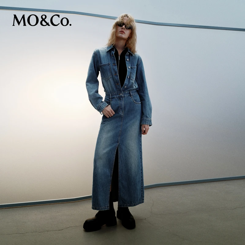 MOCO秋翻领前后开叉长款直筒棉质牛仔连衣裙MBD2DRST03