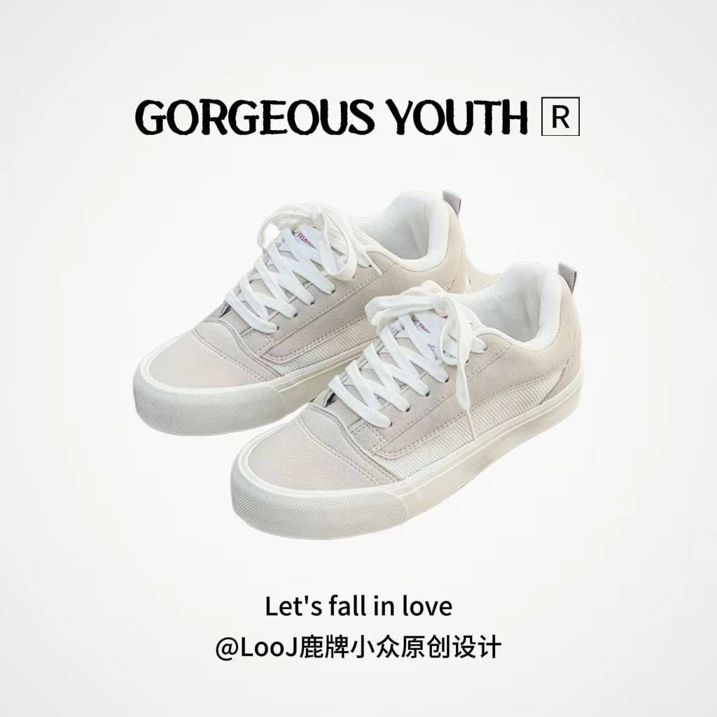 爆款灰色面包鞋男女同款chic复古情侣款小众设计潮流滑板帆布鞋