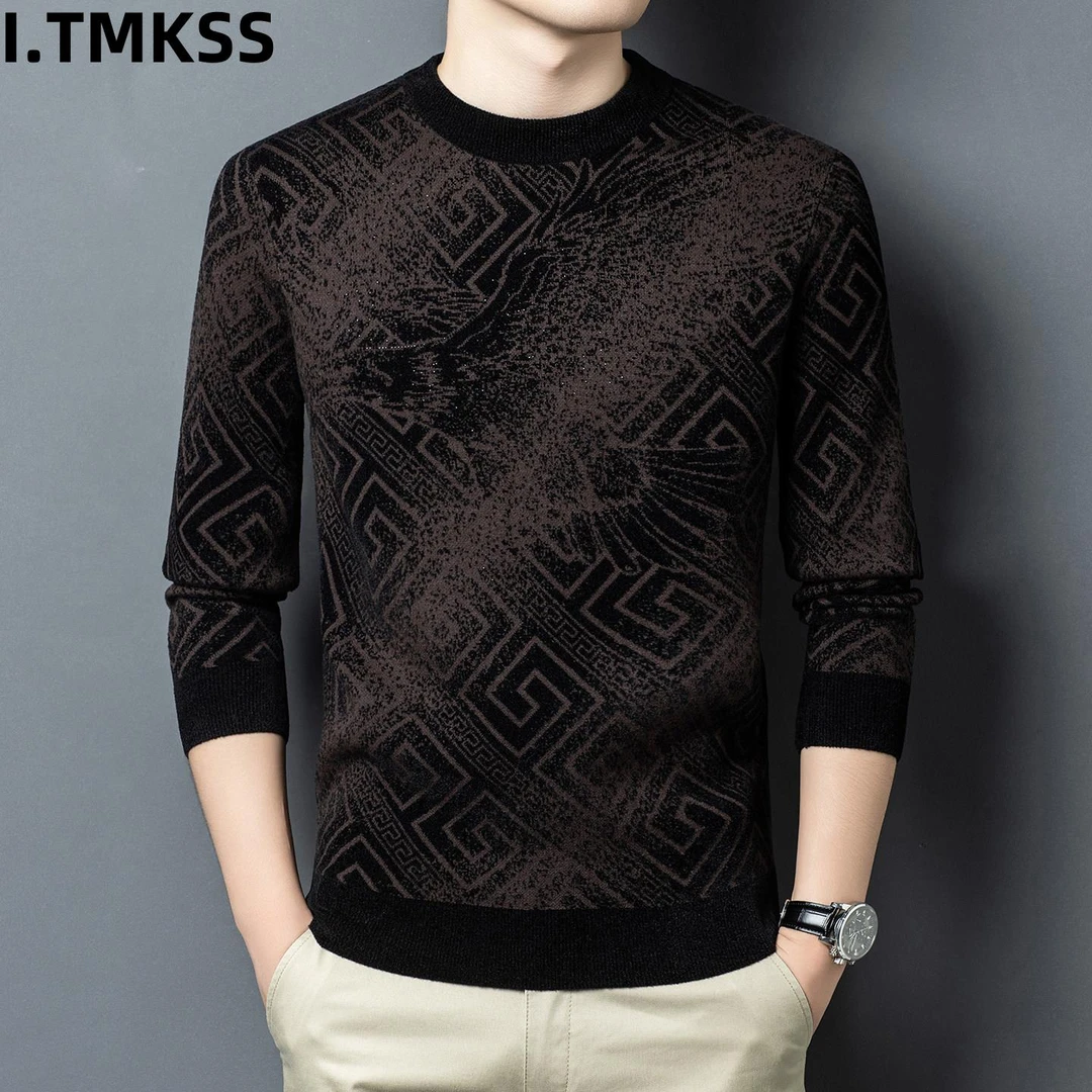 男士圆领长袖提花一体绒毛衣加厚保暖打底衫中年男时尚针织衫上衣