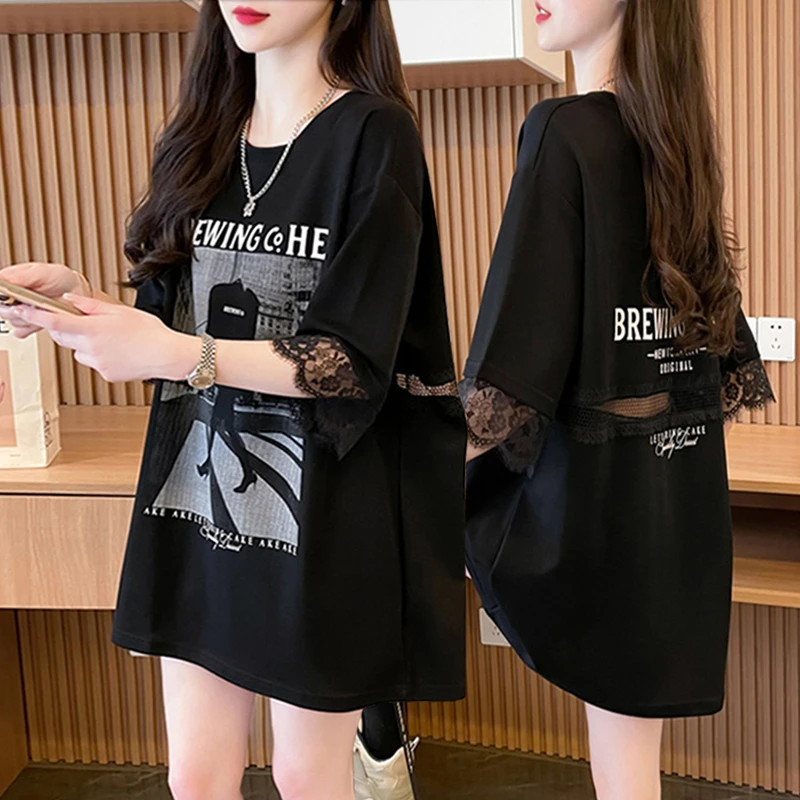 胖mm大码蕾丝拼接短袖中长款T恤女夏季2025新款韩版宽松半袖上衣