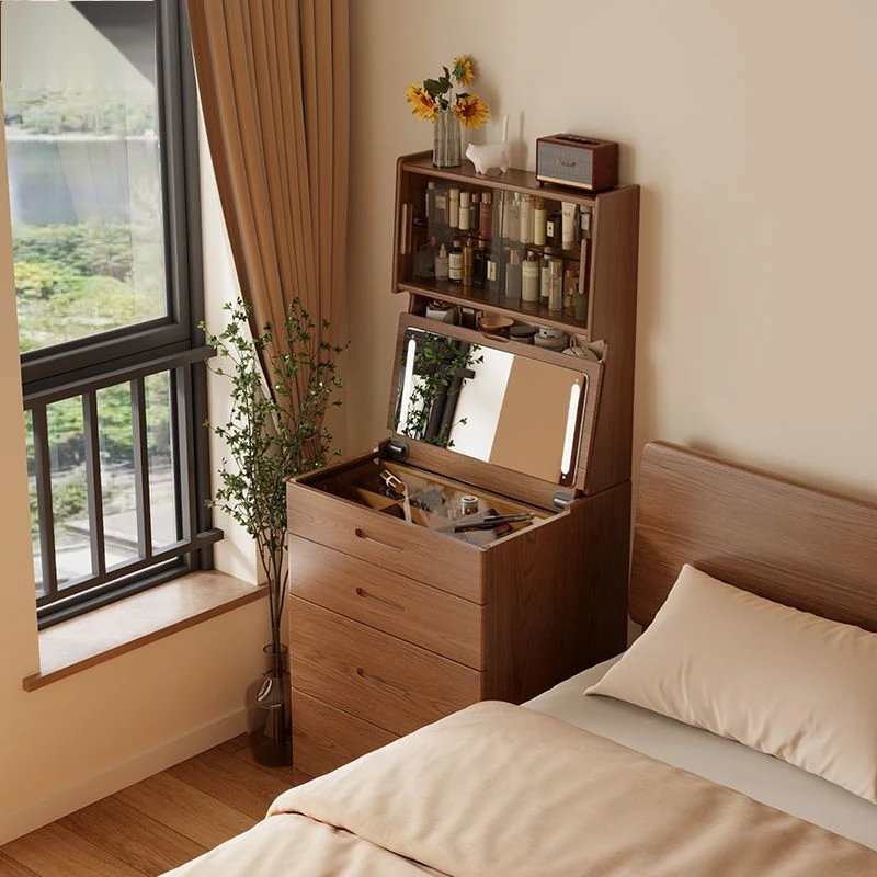 冬木实木梳妆台小型卧室现代简约化妆桌小户型迷你翻盖收纳柜一体