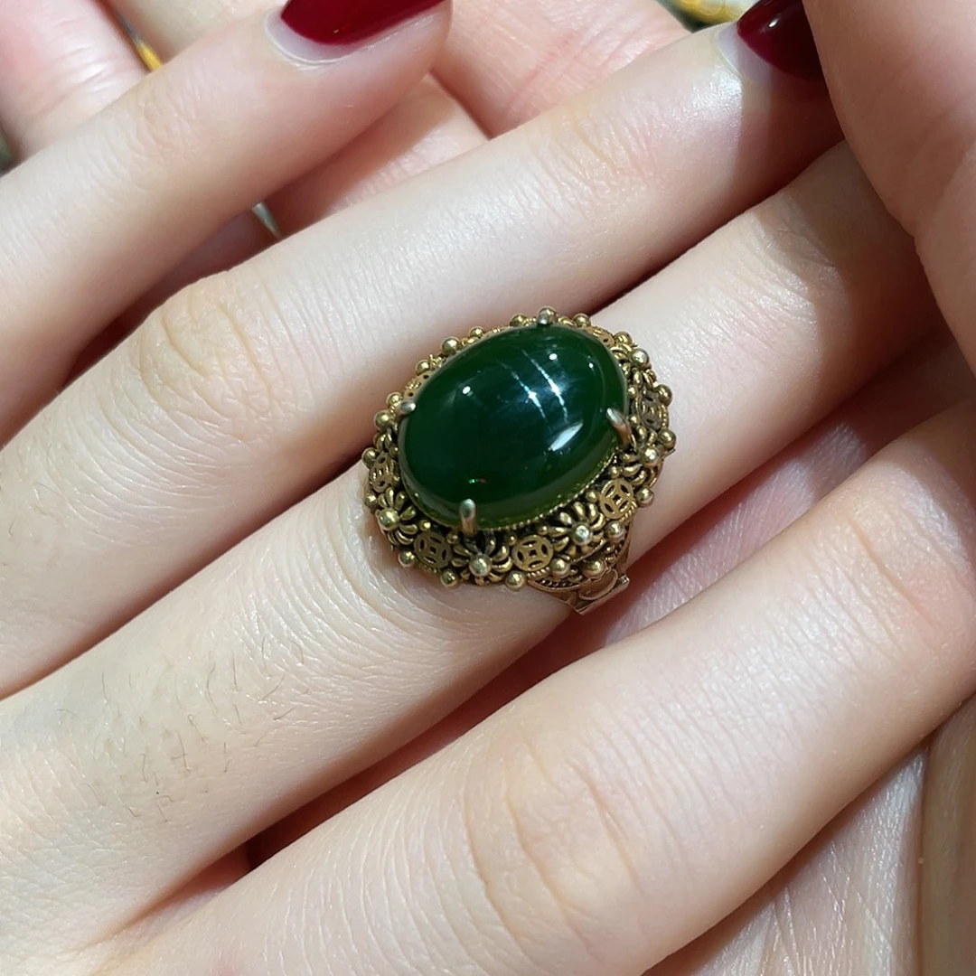 和田玉（碧玉）银S925镀金镶嵌戒指