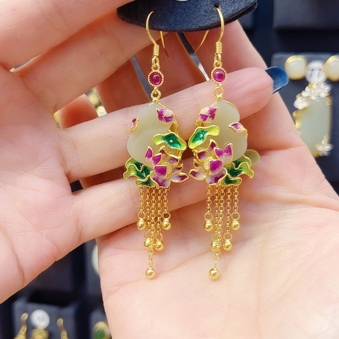 和田玉银S925镀金镶嵌耳饰