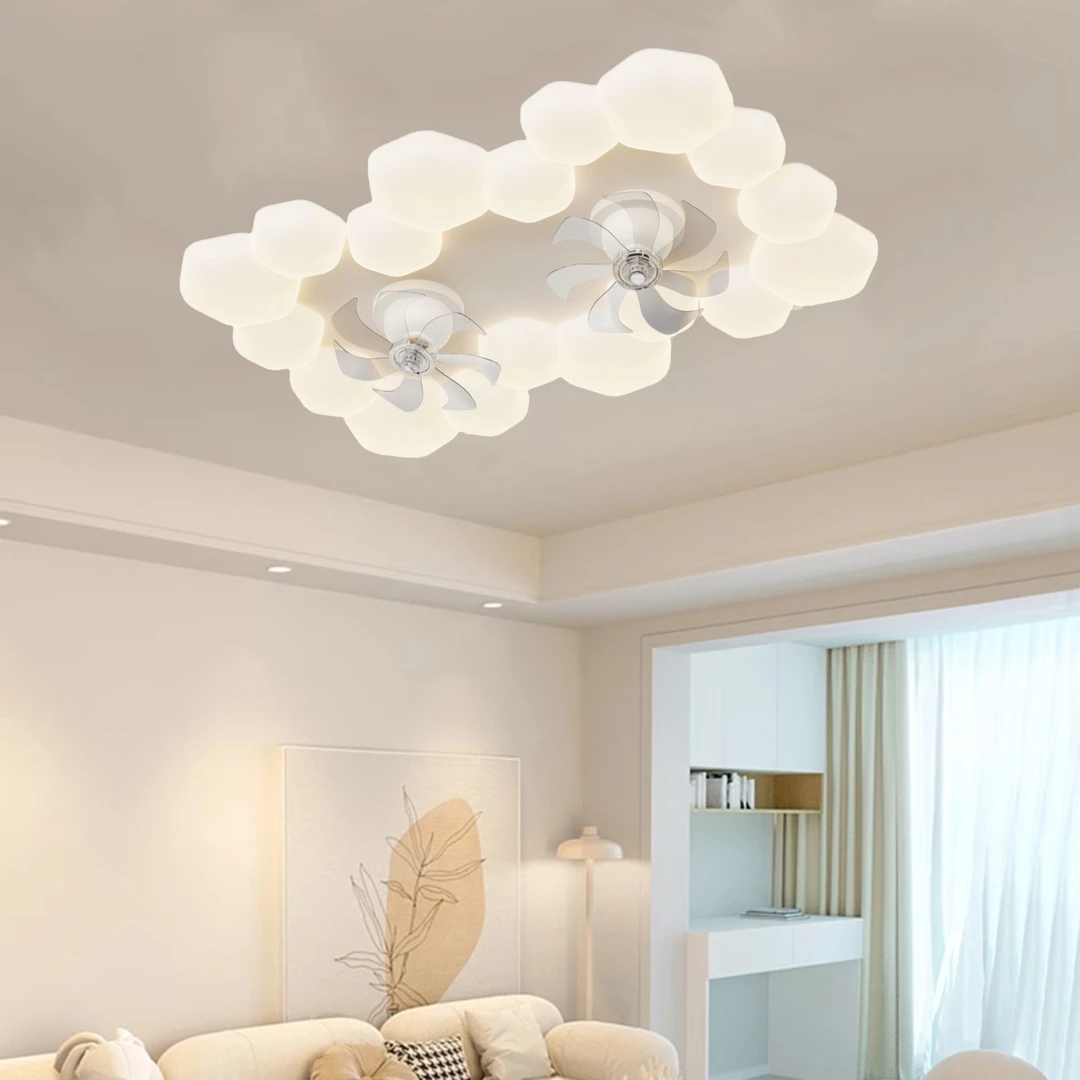 2025简约现代奶油风护眼客厅灯摇头风扇灯LED护牙客厅风扇灯