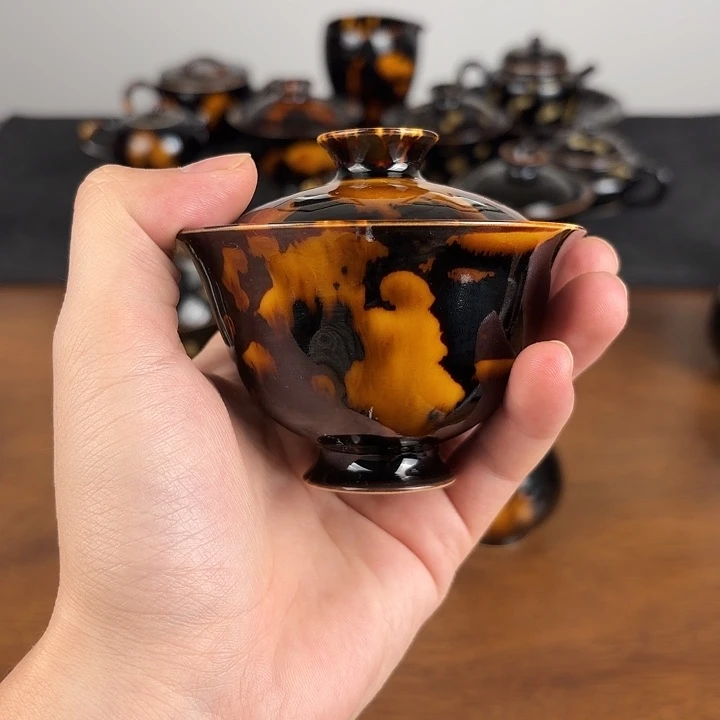 瓷玳瑁釉二才元宝盖碗