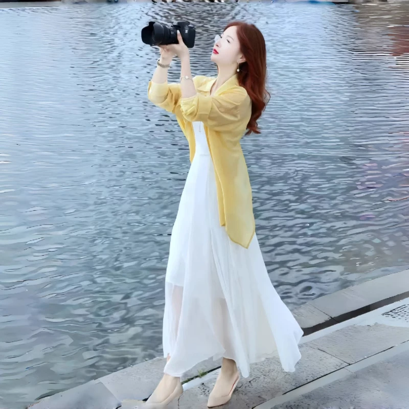 拉夏贝尔度假连衣裙女2025夏季新款防晒衬衫吊带裙两件套装长裙女