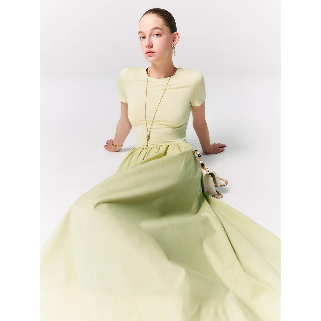 玖着'纪念岛'甄选纸感长绒棉/丝滑醋酸高弹针织圆领T恤A摆连衣裙