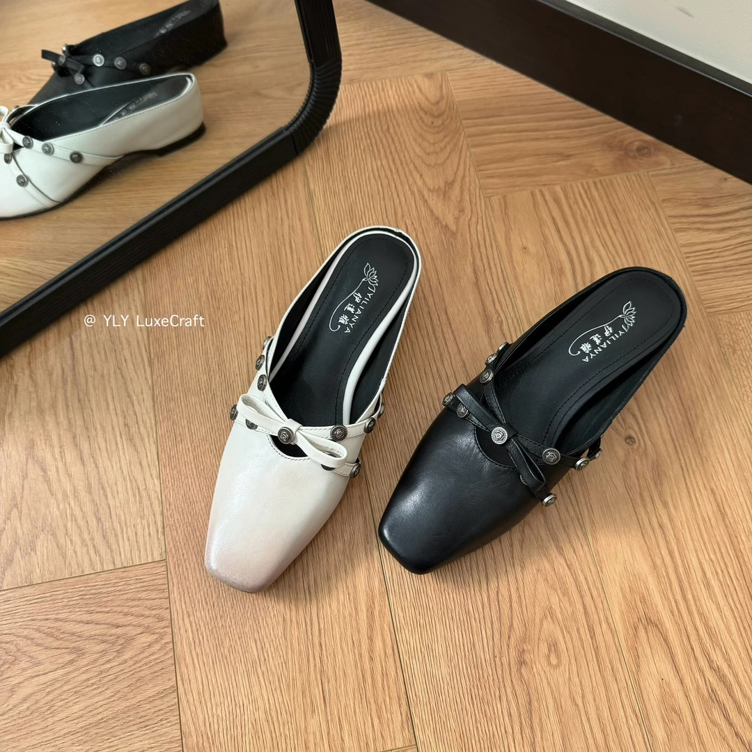 L064真皮夏季新款铆钉时尚百搭平跟方头外穿半拖鞋平底包头凉拖女