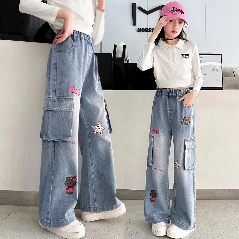 女童牛仔裤春款2025新款大童女孩夏季直筒阔腿工装裤儿童百搭裤子