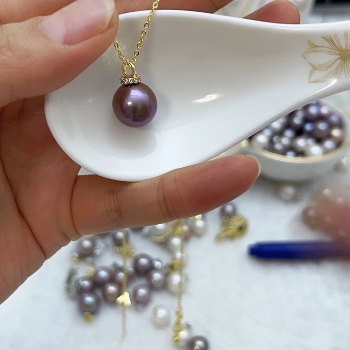 合金淡水珍珠紫珠金色圆扣