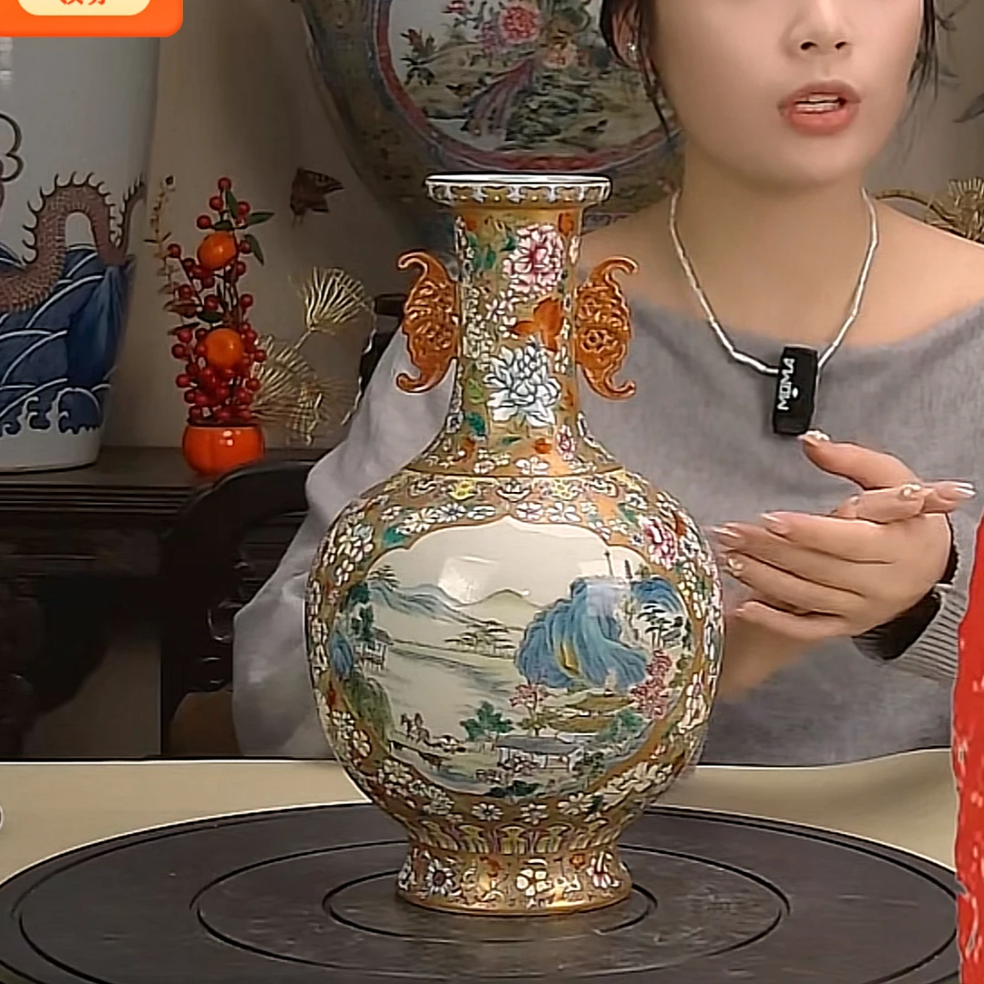 收藏/古玩清金地万花开窗双耳瓶