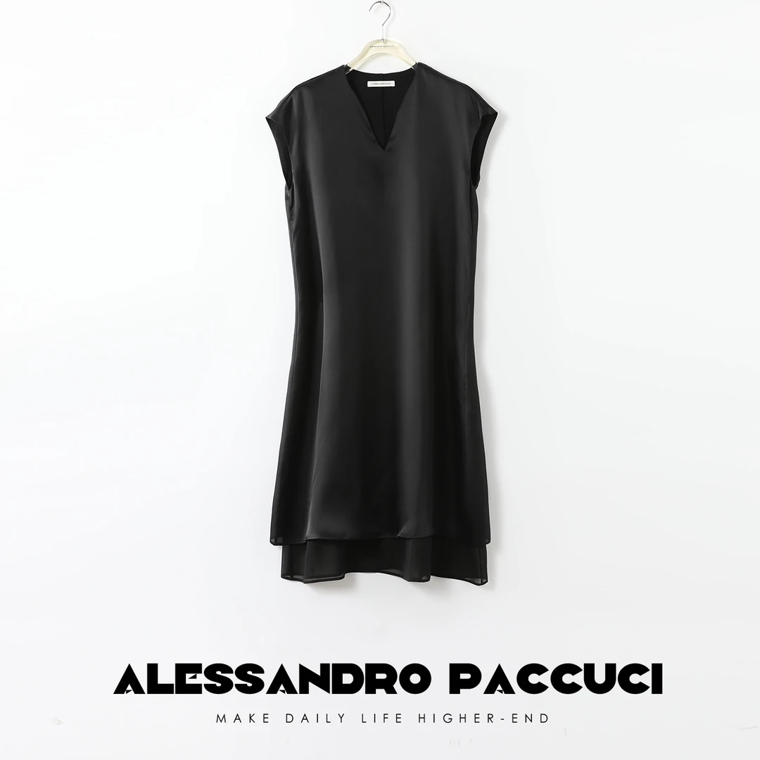 AP洛哥26815X【艺术之作】1OO桑蚕丝黑色长款简约V领连衣裙2024夏