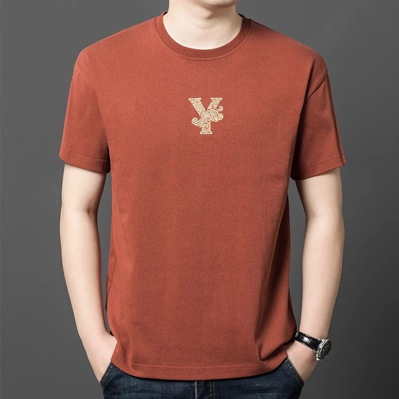 全棉T恤男士短袖圆领刺绣中国风潮流宽松桔红色体桖中年夏装上衣