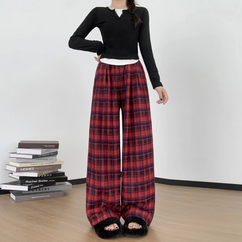 美式复古格子直筒裤女秋季新款慵懒宽松显瘦百搭磨毛垂感阔腿裤子